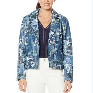 Colleen Lopez Floral Faux Leather Moto Jacket Blue Women's XL closet is …